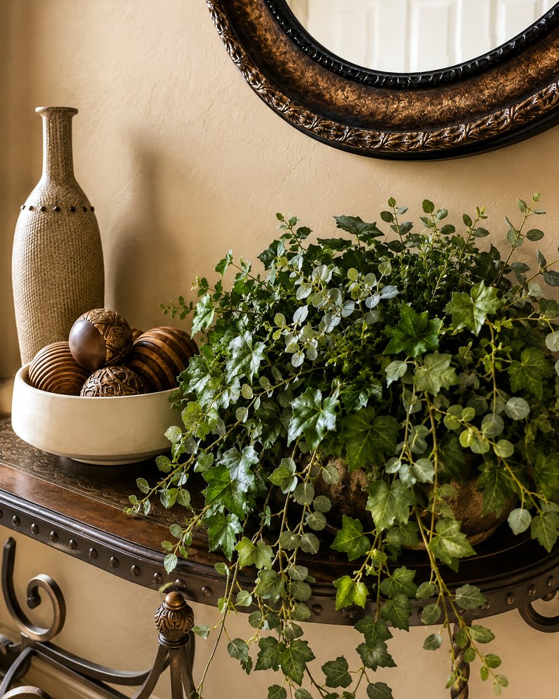 Styled entry vignette with greenery and mirror