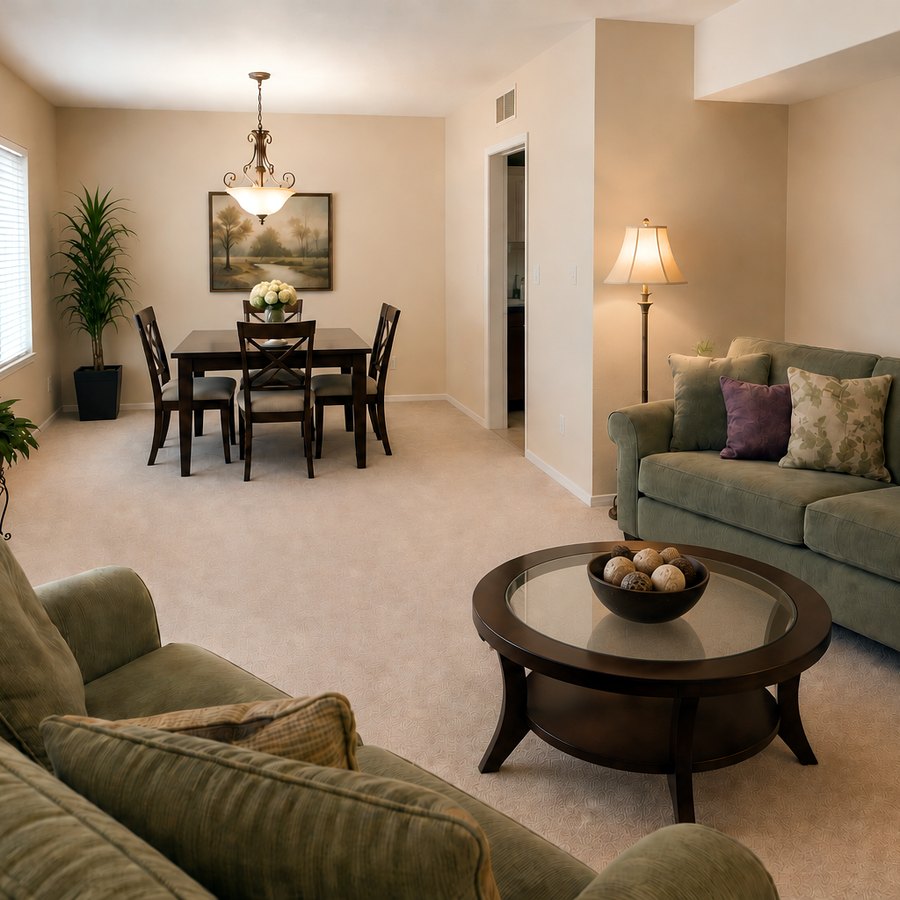 Home staging in Tucson: living room with green sofas and dining beyond