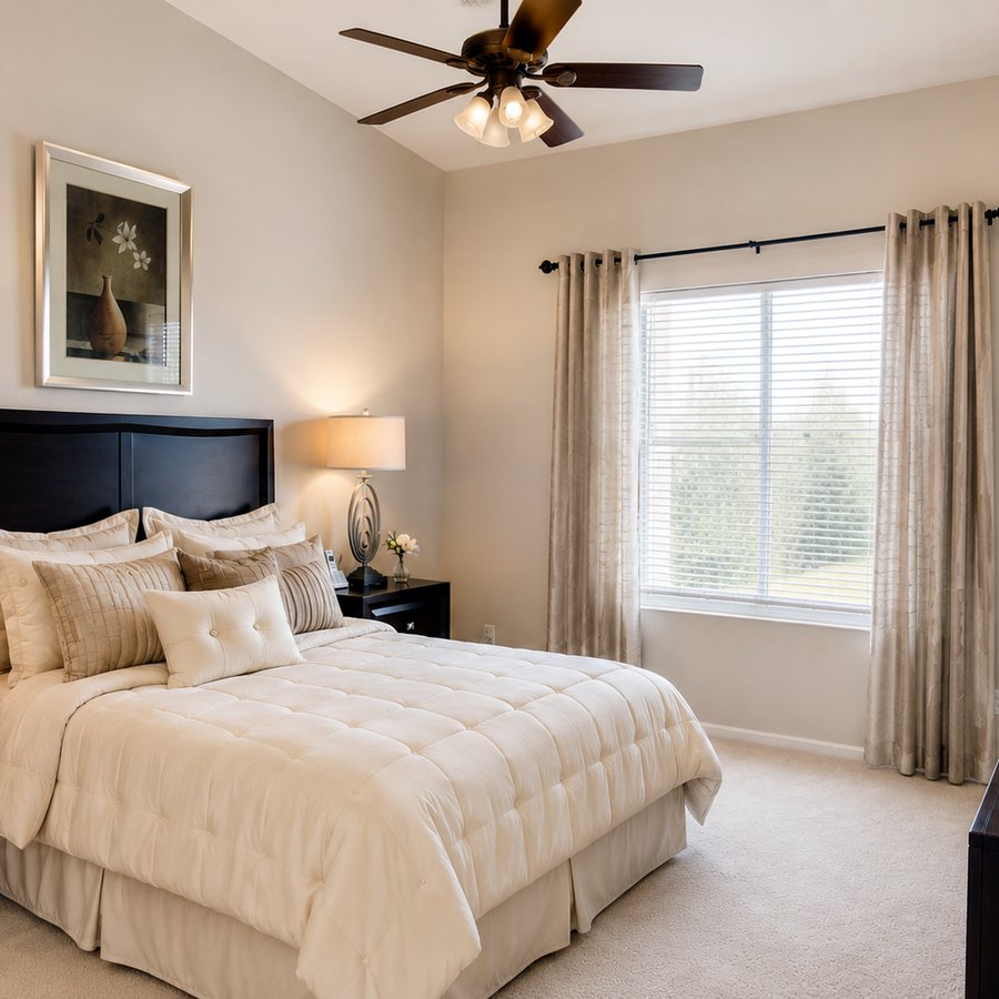 Bright primary suite in cream