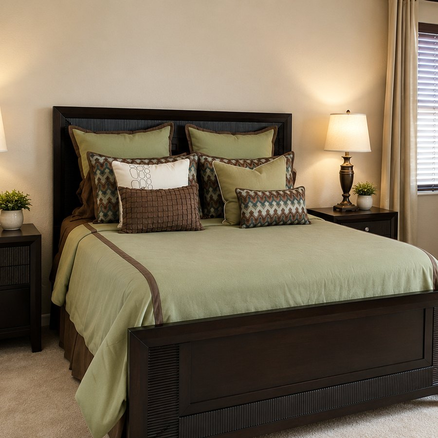 Primary suite with green bedding