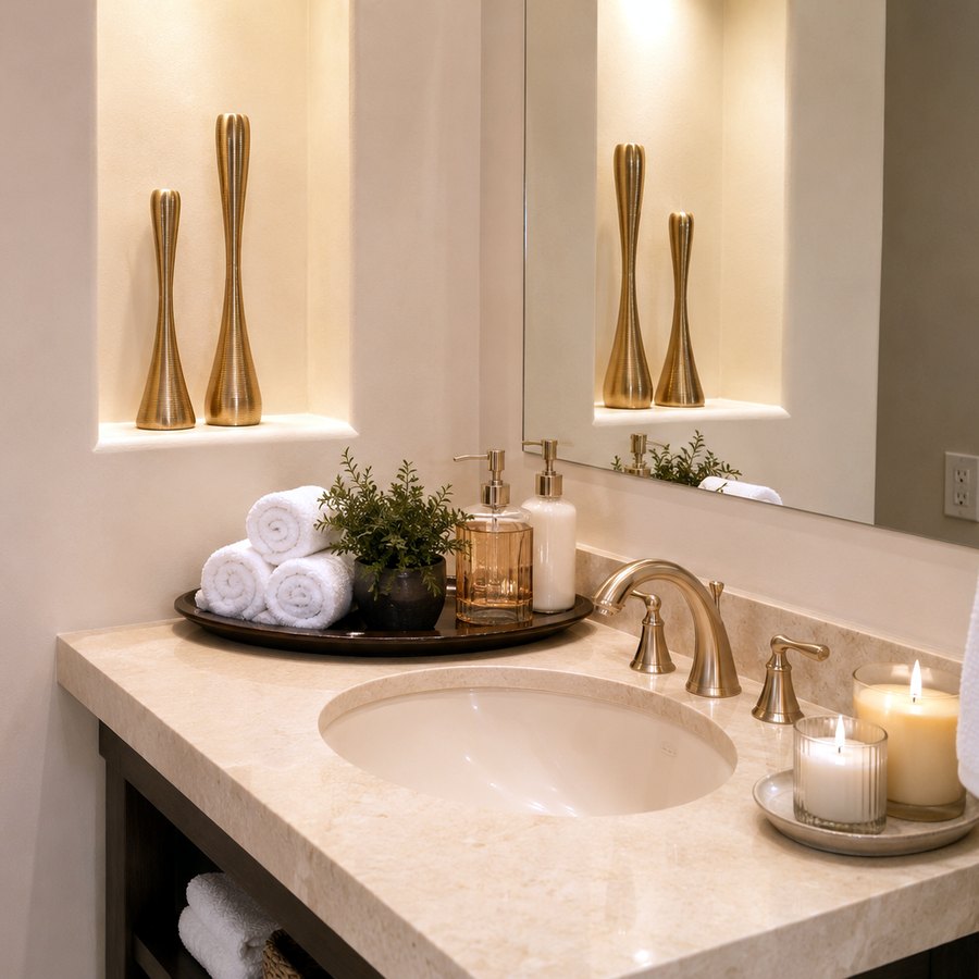 Spa-style bathroom vanity with brass accents