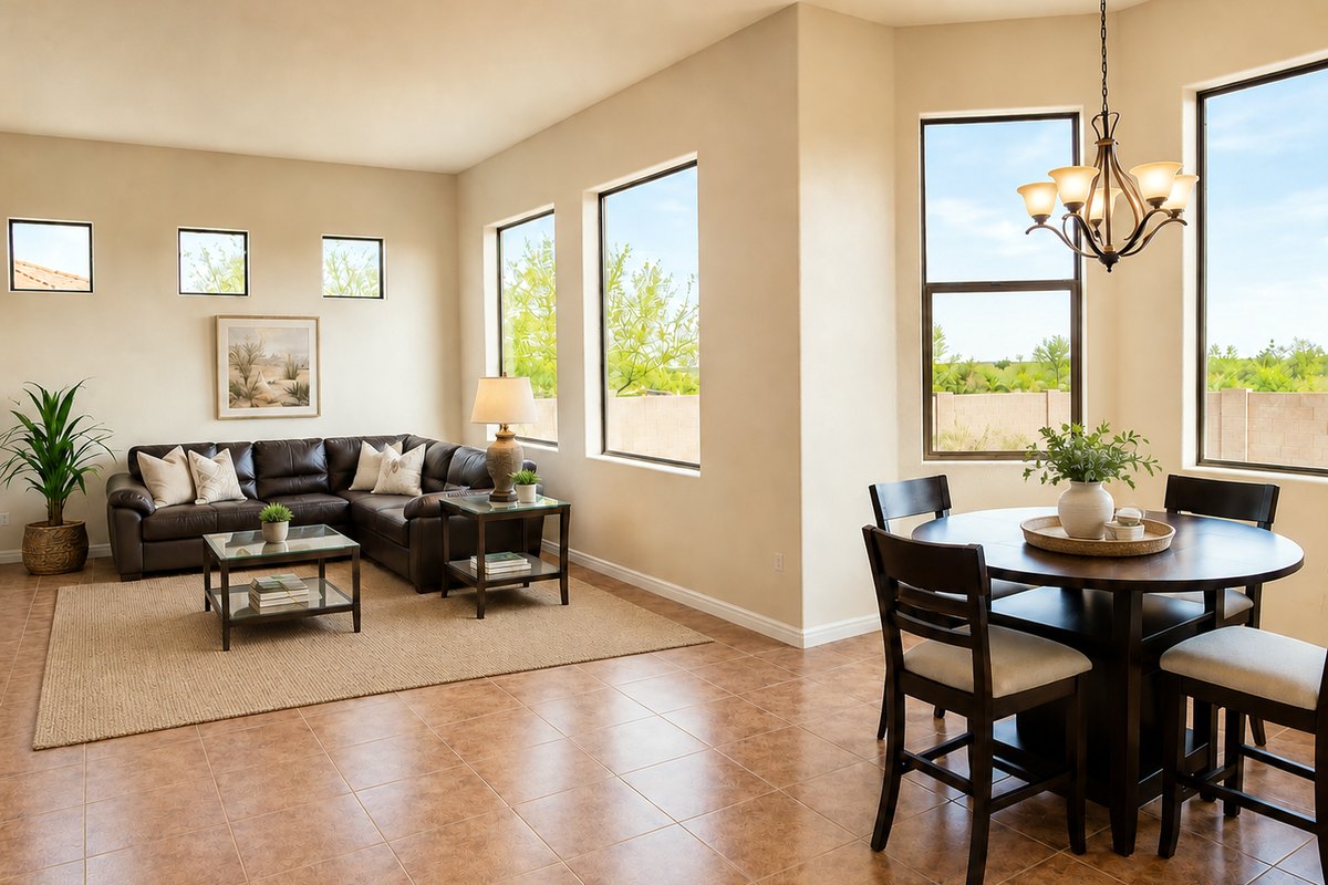 Staged open living and dining room in Vail