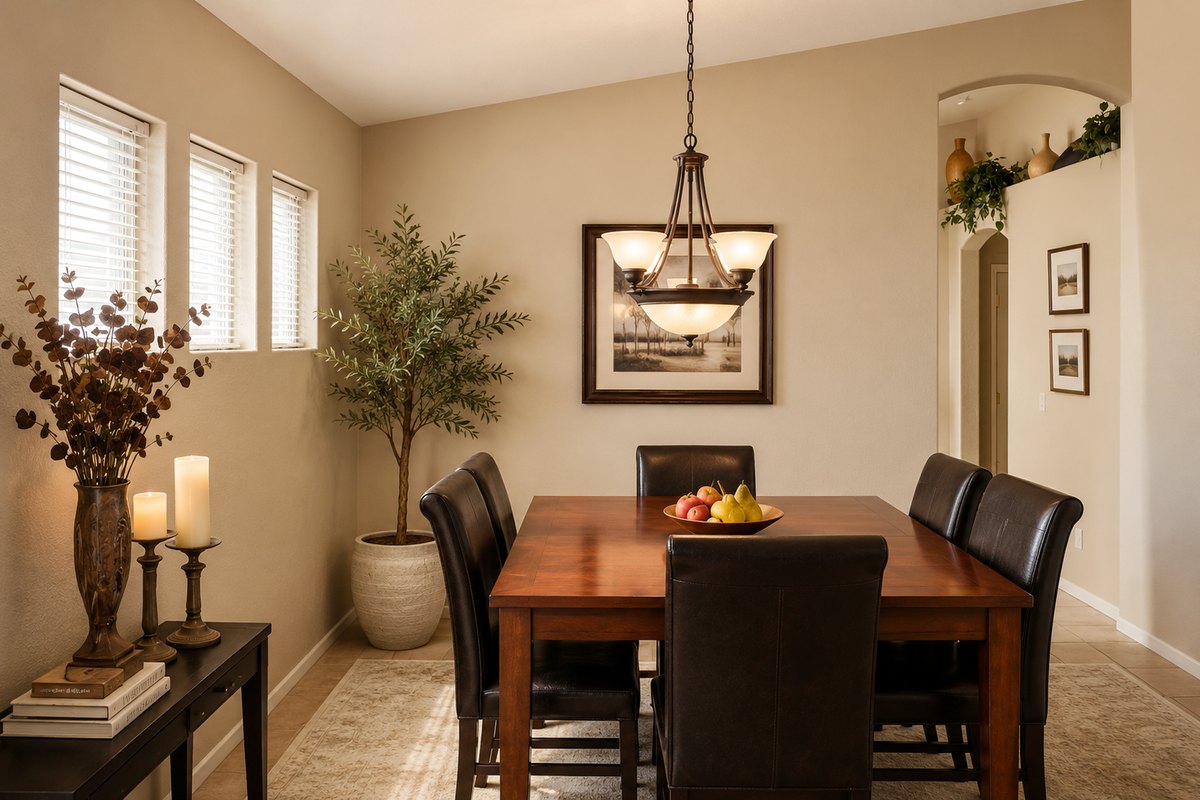 Dining room with leather chairs and chandelier