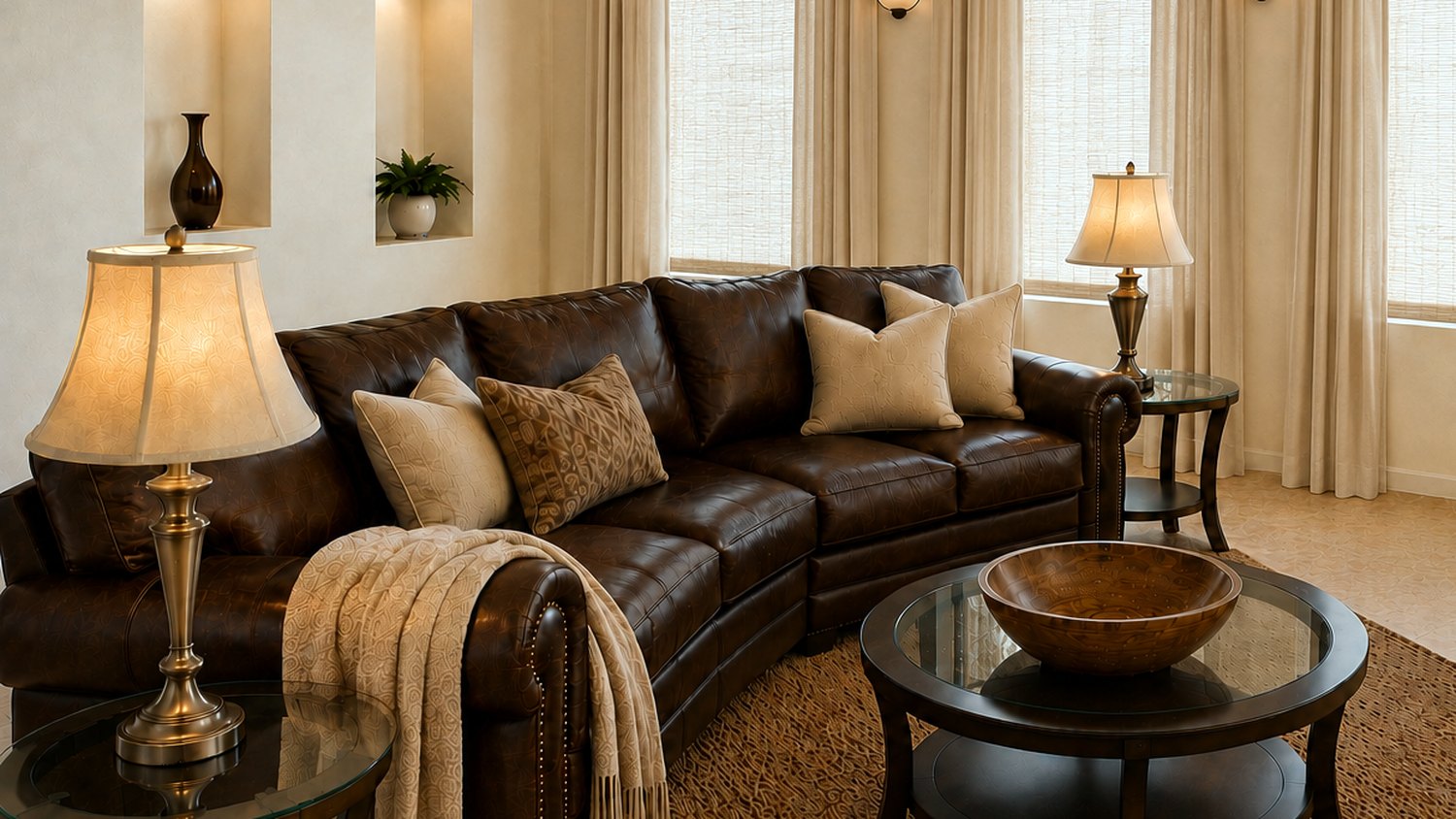 Living room staged by Desert Chic Interiors with a brown leather sectional and draped windows